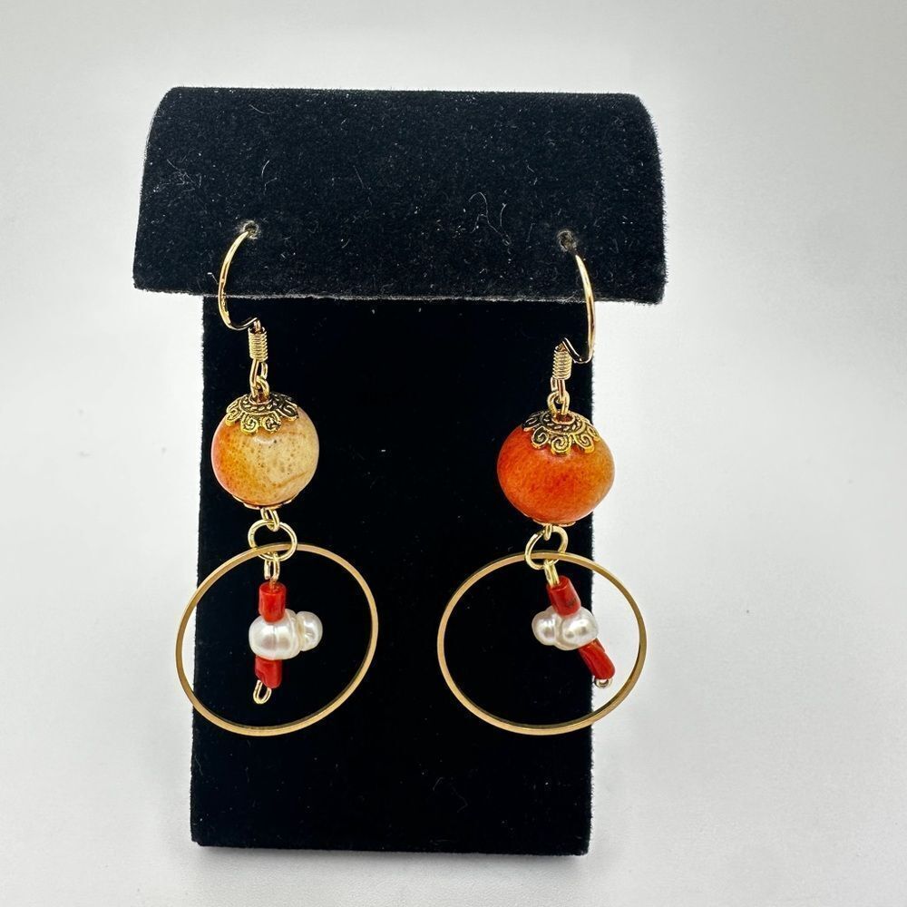 NWOT Sponge Coral, Pearl, branch coral dangle earrings with gold over 925 hooks!
